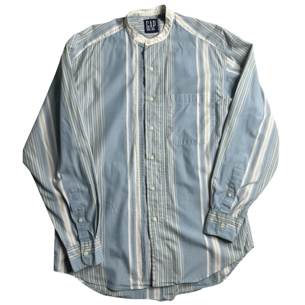 Vintage GAP Men’s Medium Blue Striped Band Collar Shirt‎ 100% Cotton